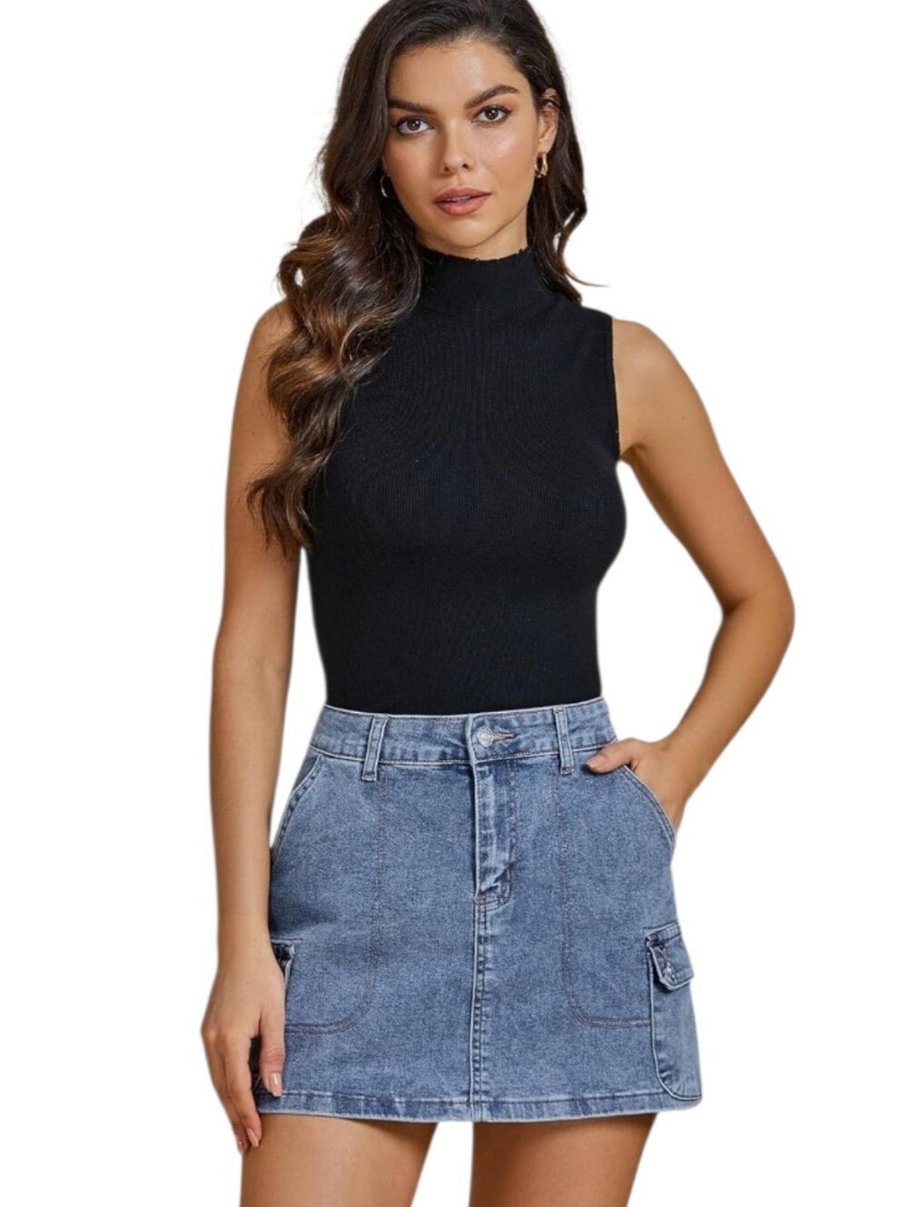 NEW Luvamia high waist blue‎ denim cargo mini skirt M
